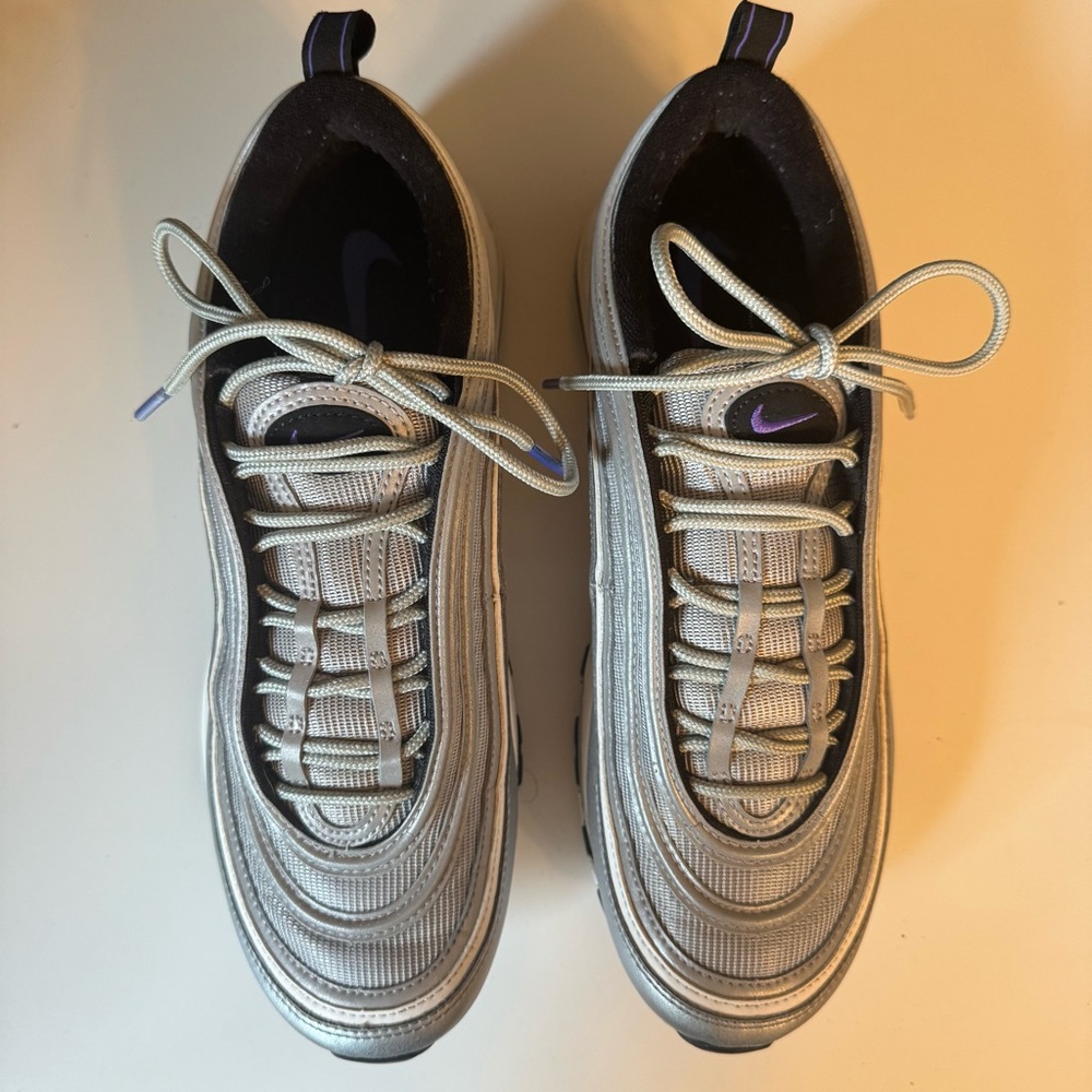 Men’s Nike Air Max 97s in Metallic silver and Persian Violet colourway.